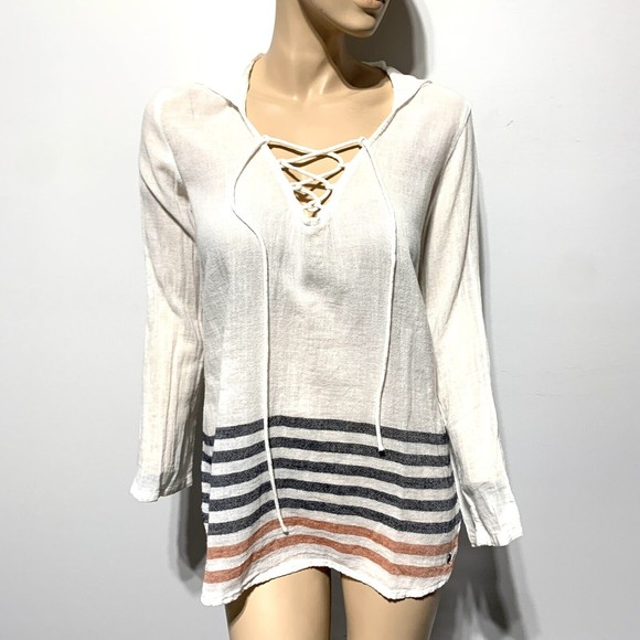 Billabong Tunic Hooded Lace Up Gauze Top Long Sleeve Cream Stripe Size M Medium - Picture 2 of 8